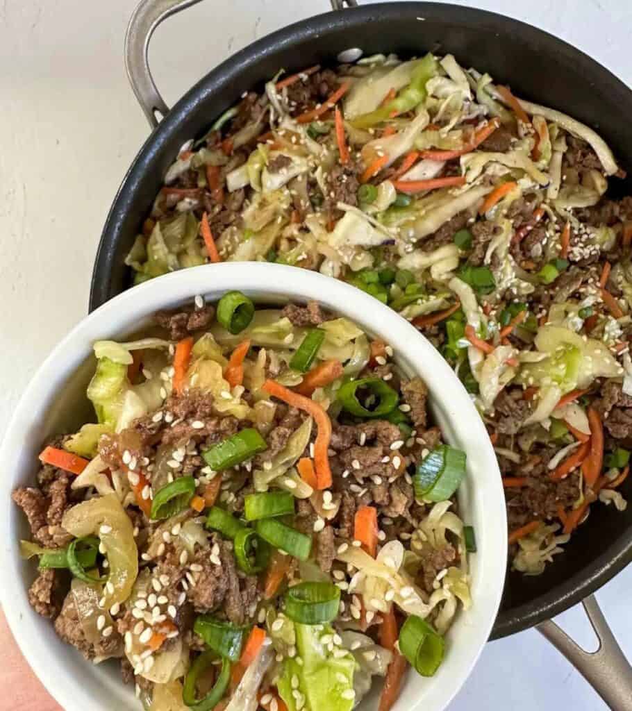 ground beef protein bowls with shredded cabbage and carrots