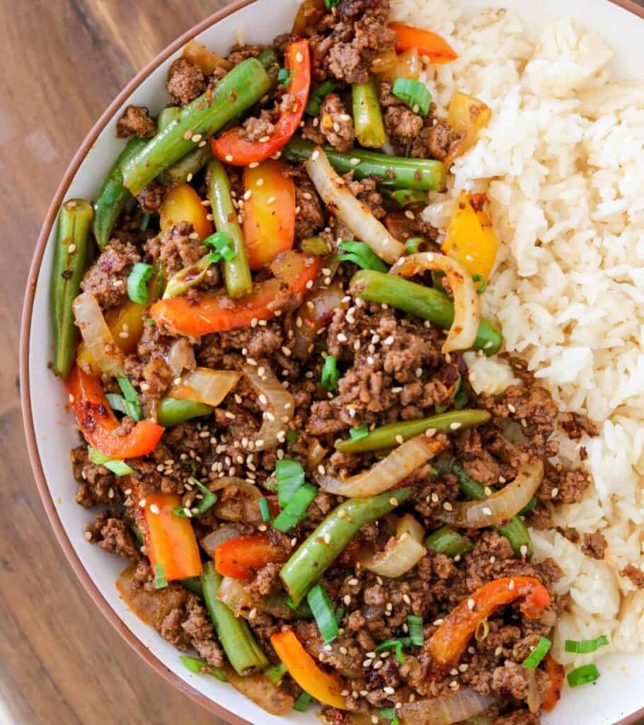 firecracker ground beef bowls with stir fried vegetables and jasmine rice