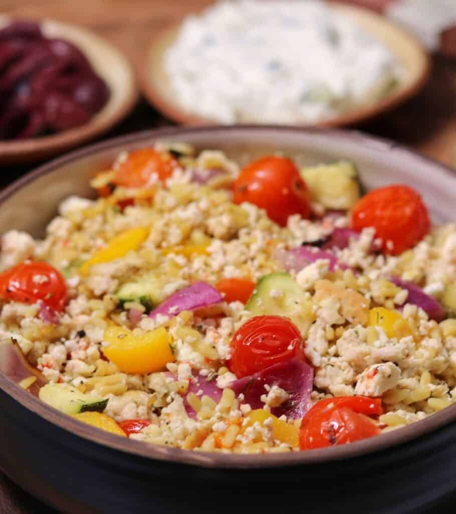 ground chicken bowls with rice and Mediterranean vegetables