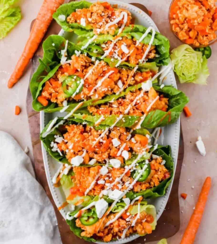 plate of lettuce wraps with a ranch drizzle 