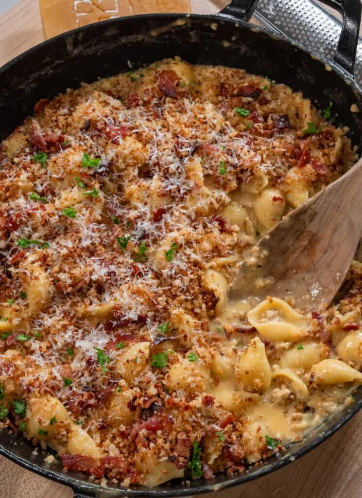 protein macaroni and cheese in a Staub cast iron braiser