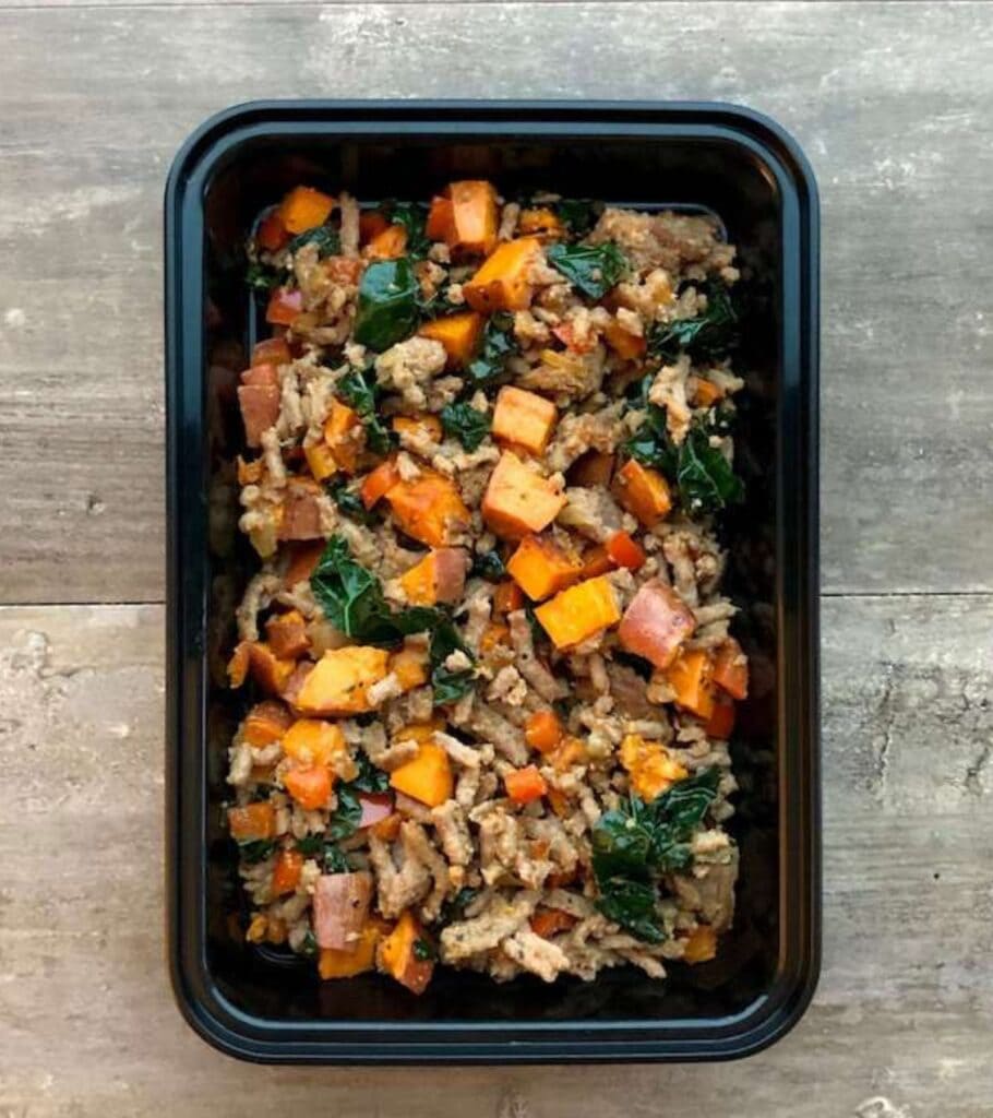 meal prep container with Josh Cortis' BBQ ground turkey skillet