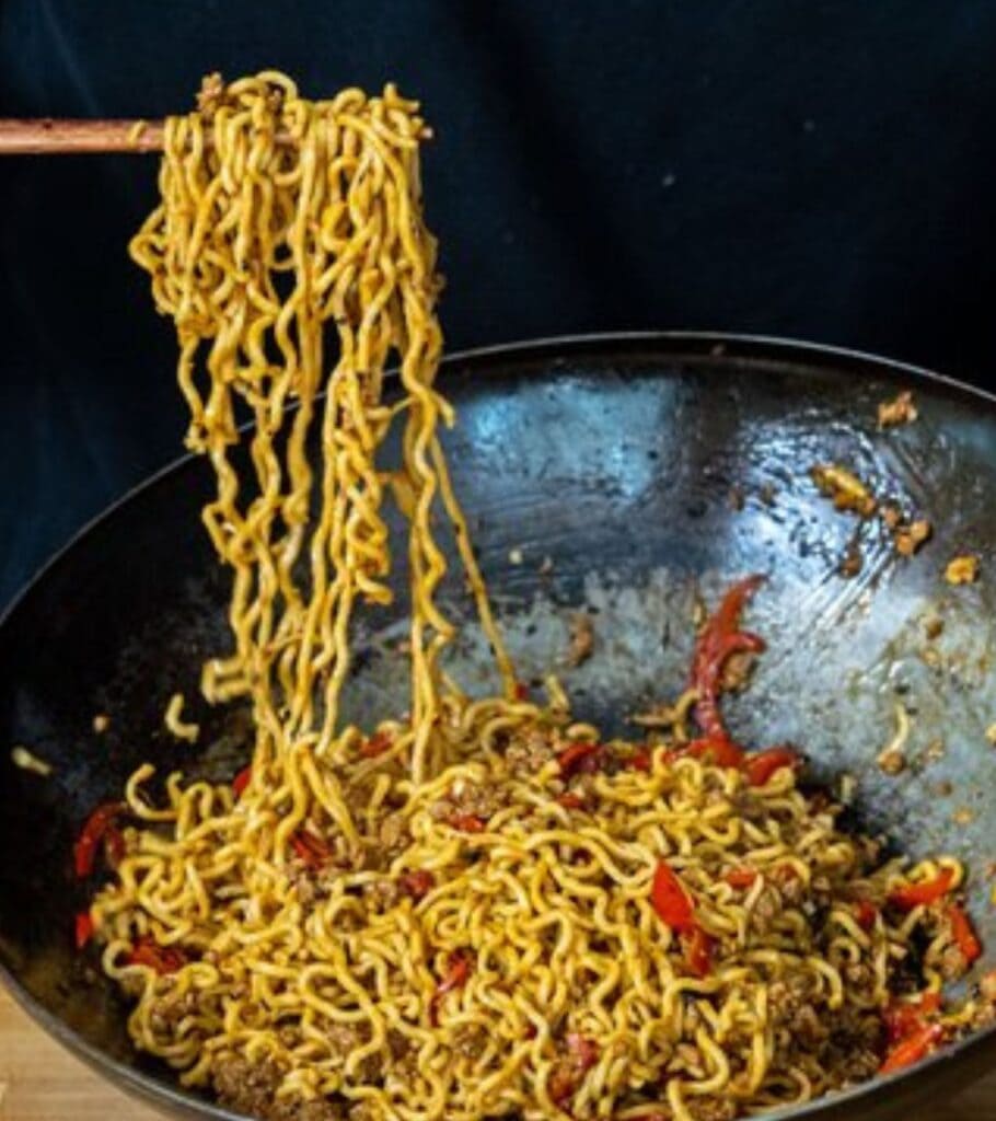 Ethan Chlebowski's spicy garlic noodles in a wok