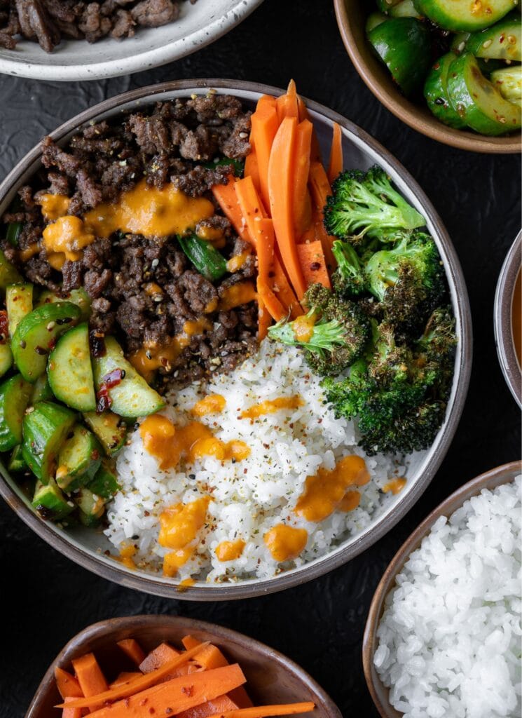 Korean side dishes for bulgogi bowls with rice