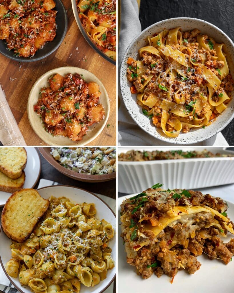 cauliflower gnocchi bolognese, pappardelle bolognese, pumpkin bolognese with pasta shells, and lasagna with bolognese 
