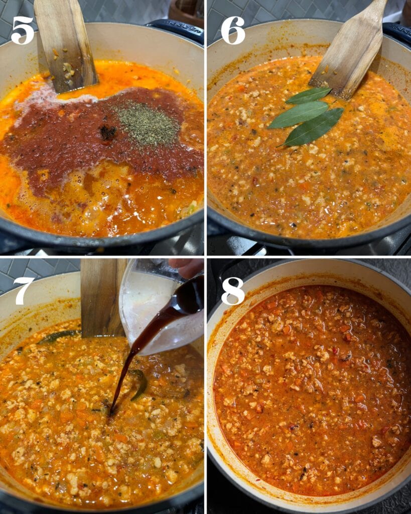 adding crushed tomatoes, whole milk, and Italian seasoning to the ground turkey and vegetables, adding balsamic vinegar to the finished bolognese