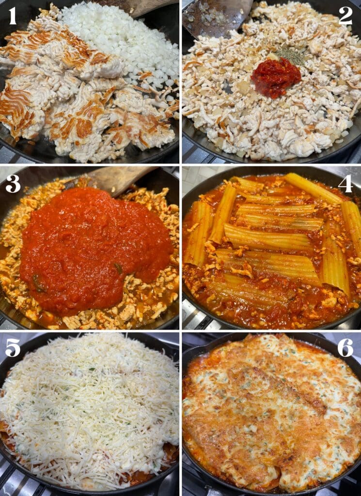 the six steps of making a lasagna casserole with ground turkey