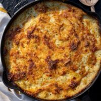 ground turkey shepherd's pie in a cast iron skillet