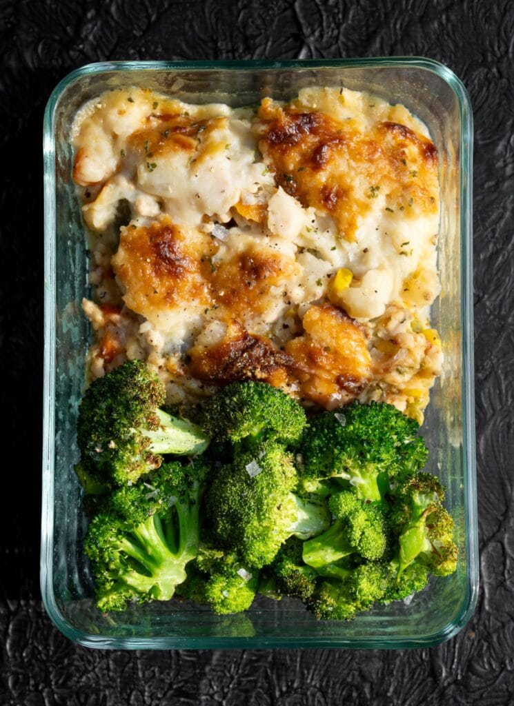 turkey shepherd's pie and roasted broccoli in a glass meal prep container