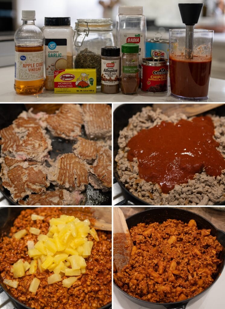 cooking ground turkey with an al pastor sauce and pineapple