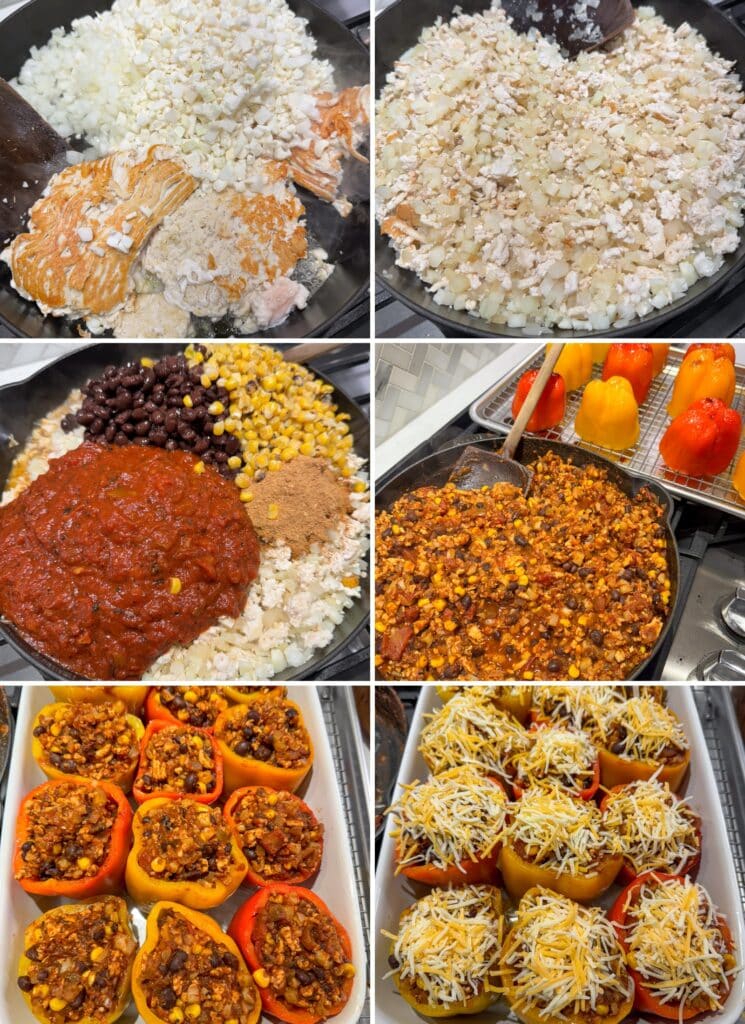 cooking ground chicken with diced onion and riced cauliflower before adding crushed tomatoes, beans, corn, and taco seasoning then filling roasted bell peppers, topping with shredded cheese, and baking