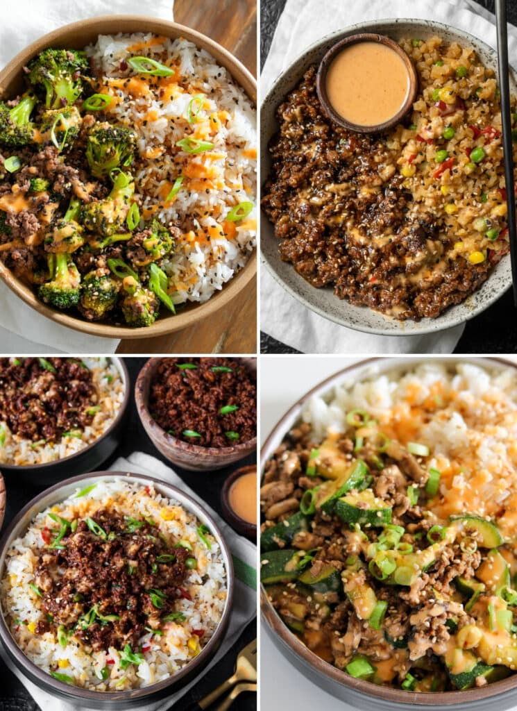 four protein bowls served with yum yum sauce