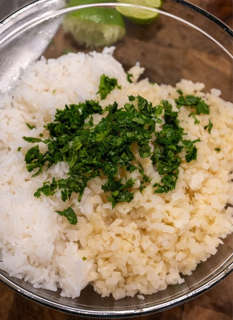 jasmine rice and riced cauliflower with cilantro and lime juice