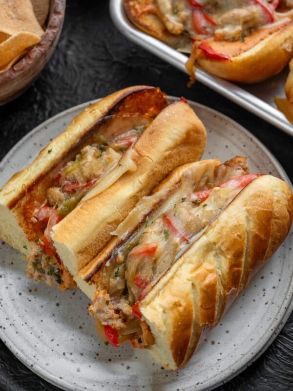 chipotle ground chicken cheesesteak sandwiches on a plate