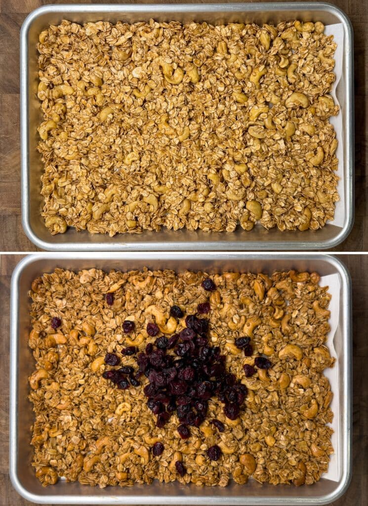 quarter sheet pan with granola before and after baking