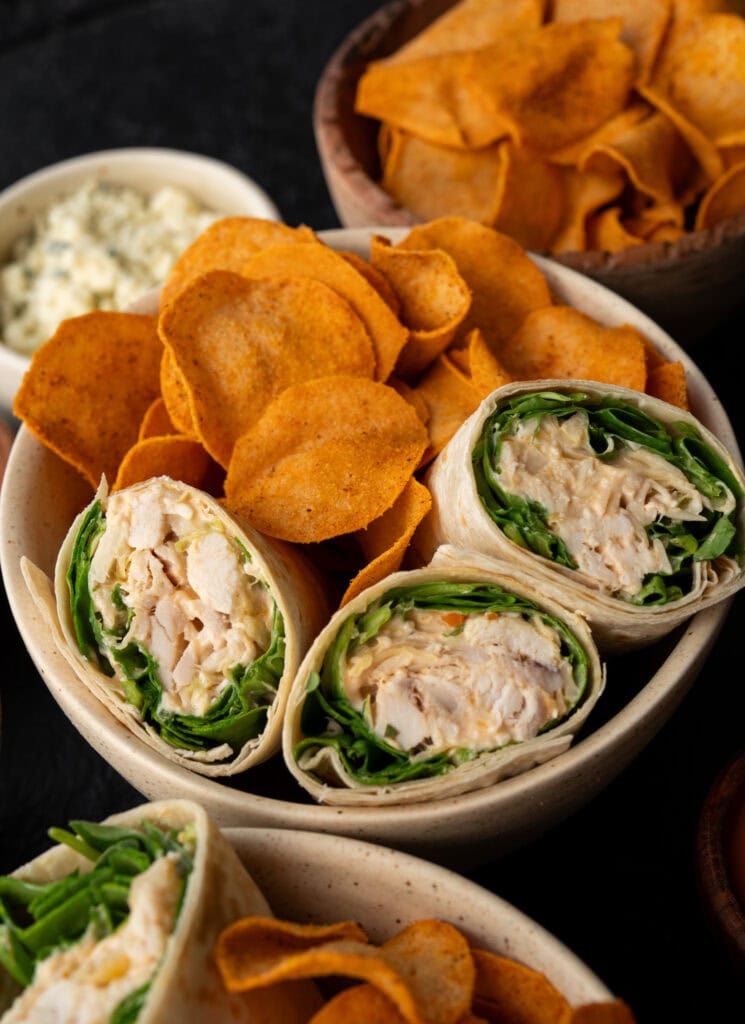 buffalo chicken wraps with Wilde chicken chips and blue cheese