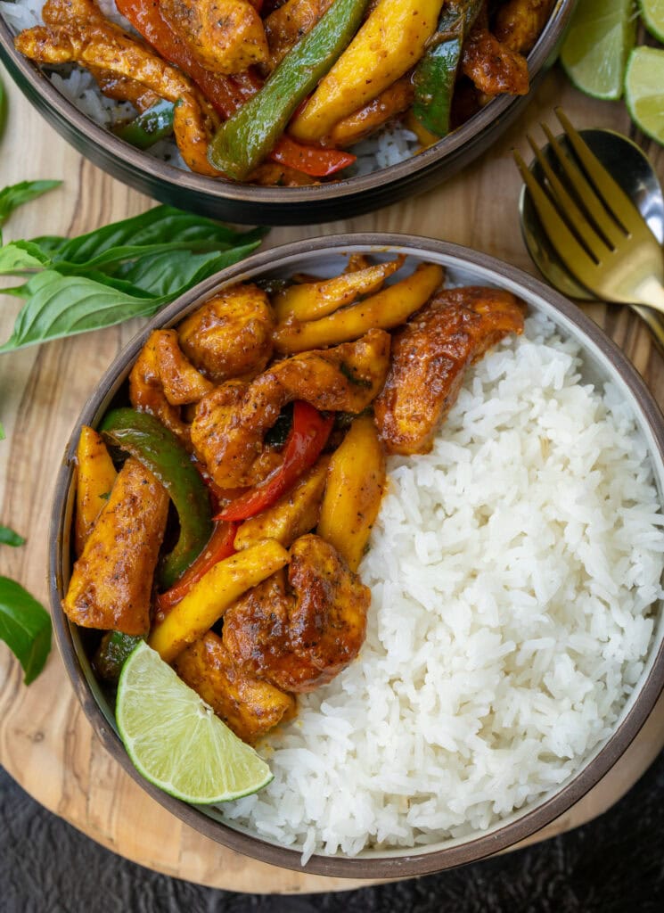Thai pepper chicken breast and rice in a bowl
