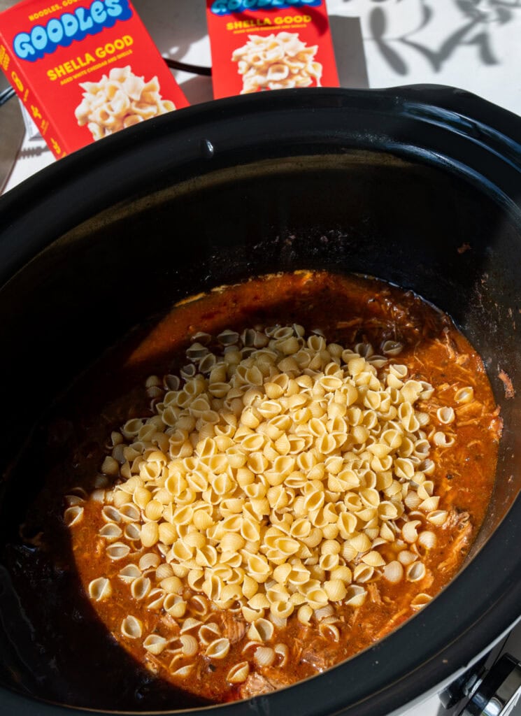 Goodles pasta shells with shredded beef in a Crockpot