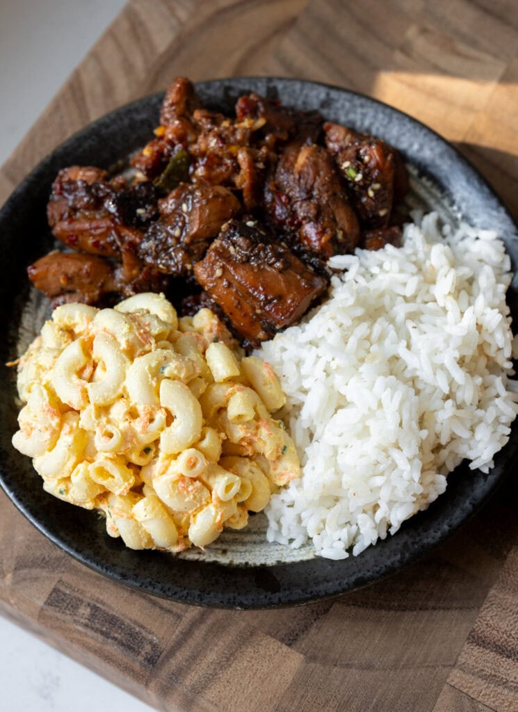 teriyaki chicken plate with macaroni salad and rice