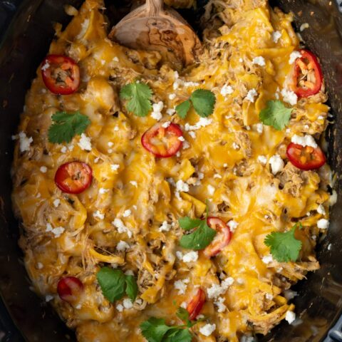 High Protein Crockpot Chicken Enchilada Casserole