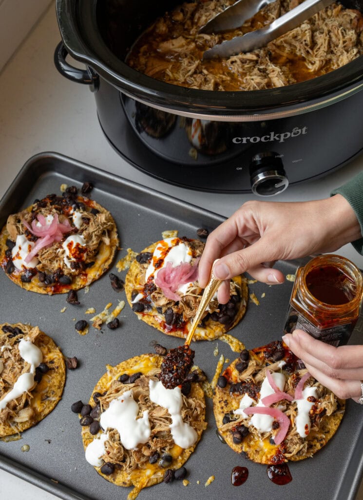 garnished slow cooked chicken tostadas with salsa macha