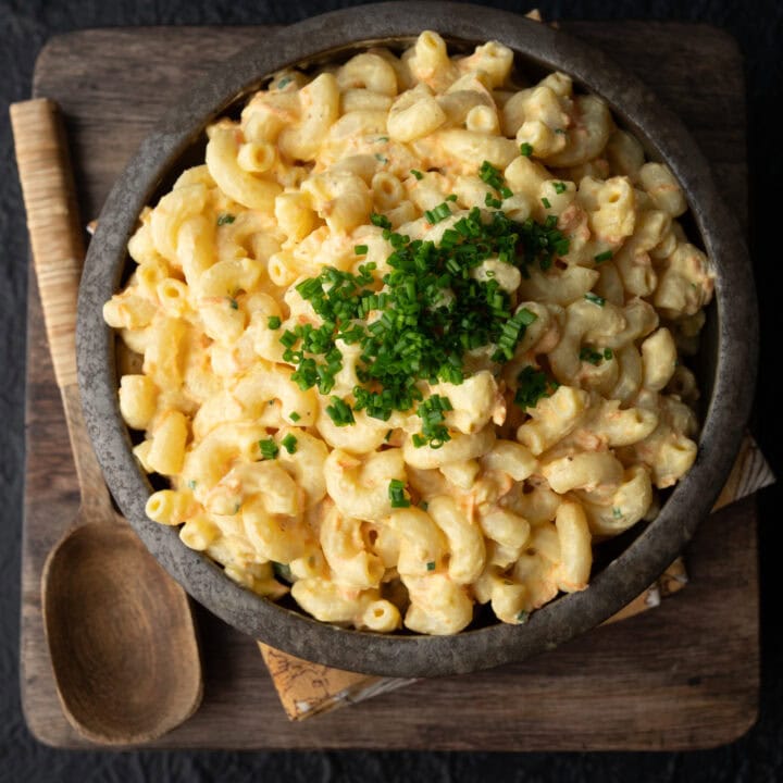 Hawaiian macaroni salad in a bowl garnished with chives