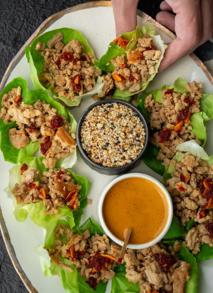 lettuce wraps with sesame ginger chicken crumbles