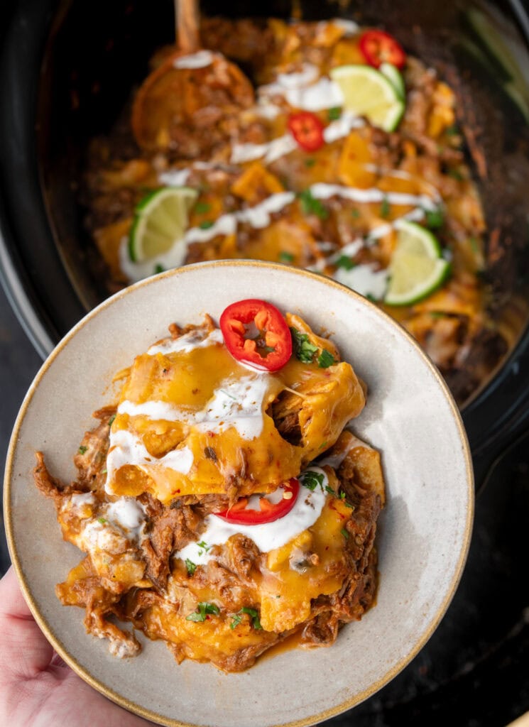 one serving of beef enchilada casserole in a bowl