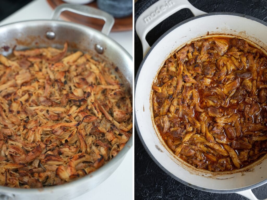 two photos of skillet and Dutch oven shredded chicken