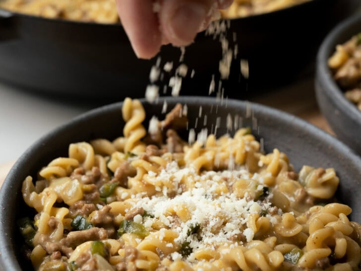 Goodles down the hatch with ground beef and poblano peppers in a bowl