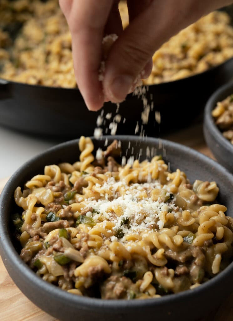 Goodles down the hatch with ground beef and poblano peppers in a bowl