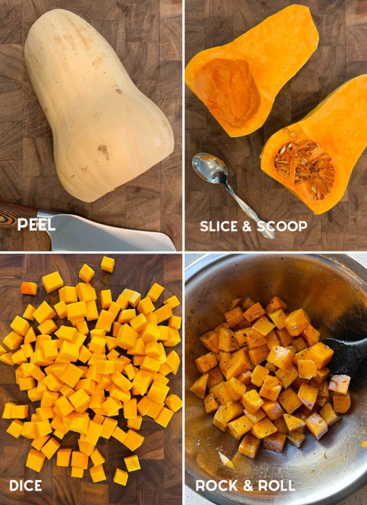 four photos of peeling a butternut squash, halving with a knife and scooping out the seeds, dicing, and seasoning in a mixing bowl