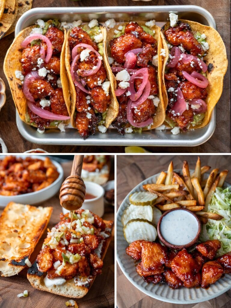 three photos of honey chipotle chicken tacos on a sheet pan, a honey chipotle chicken sandwich, and chicken bites bowls with fries and ranch