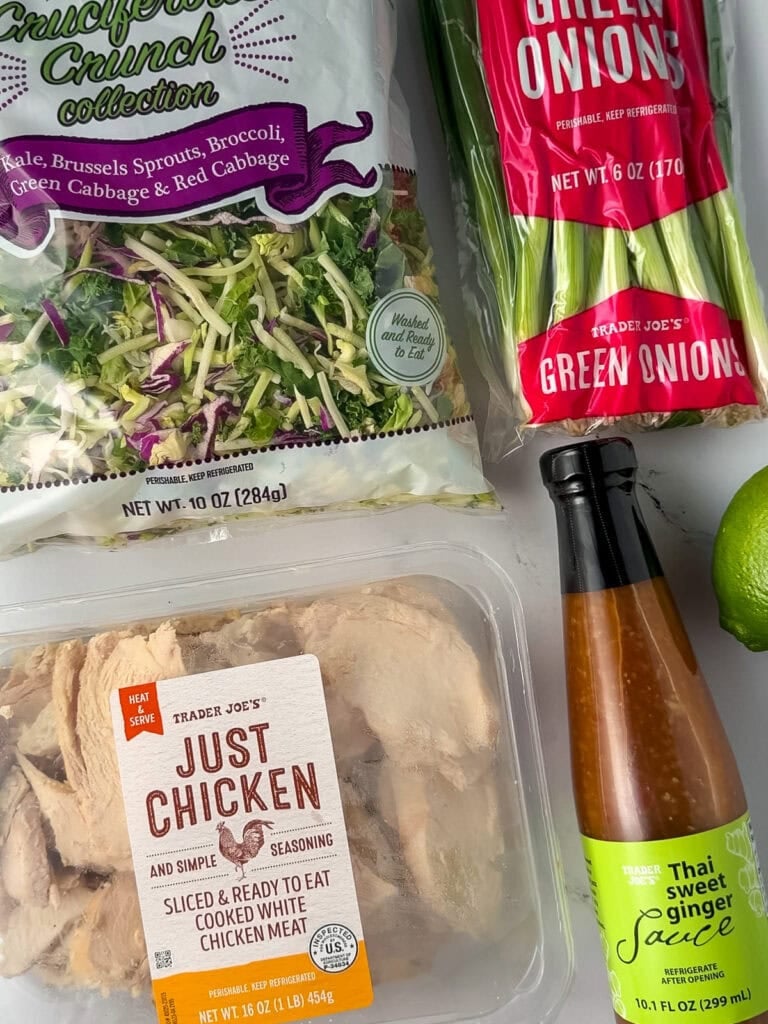 cruciferous crunch collection, just chicken, green onion, lime, and Thai sweet ginger sauce from Trader Joe's