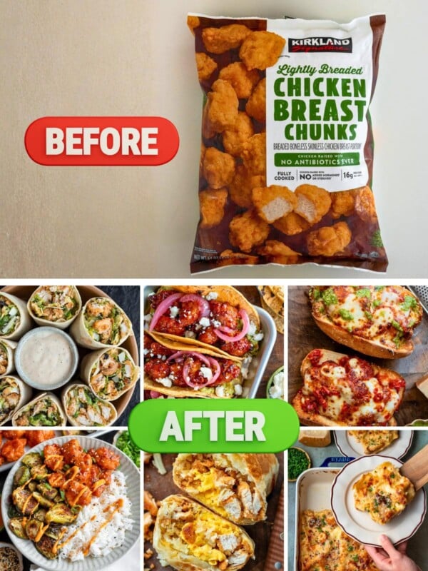 a bag of frozen chicken nuggets next to photos of prepared meals using the cooked nuggets