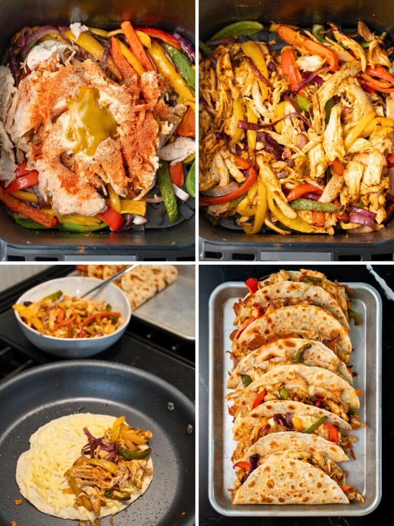 four photos showing how to make the chicken and veggie filling, assemble and cook the quesadillas, and a finished stack of quesadillas on a sheet pan