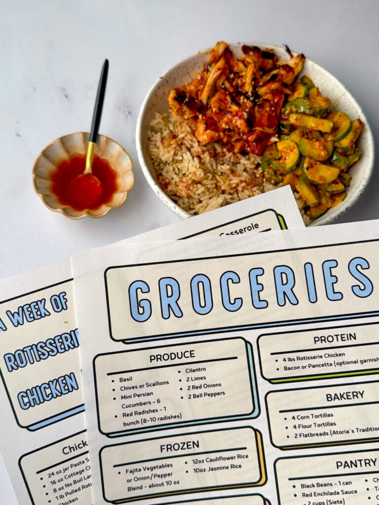 holding a meal plan above a bowl of sweet rotisserie chicken and rice