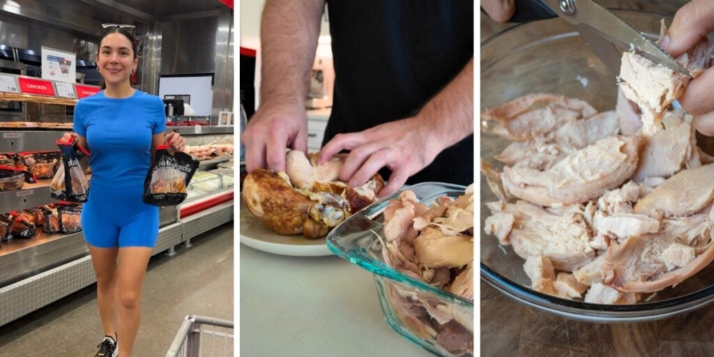 shopping for rotisserie chickens at costco, pulling rotisserie chicken by hand, and cutting rotisserie chicken with kitchen scissors