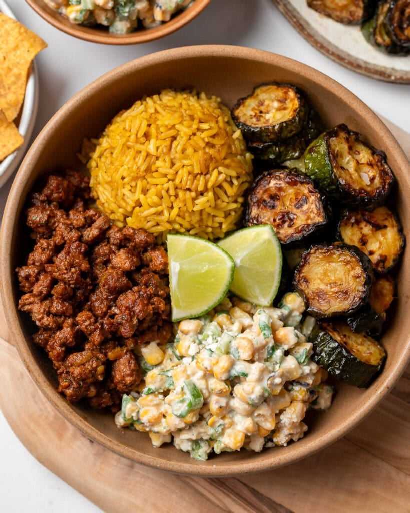 esquites bowls with roasted zucchini and ground beef