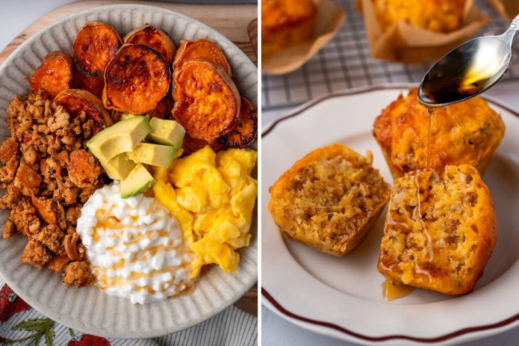 side by side photos of breakfast bowls and sausage muffins