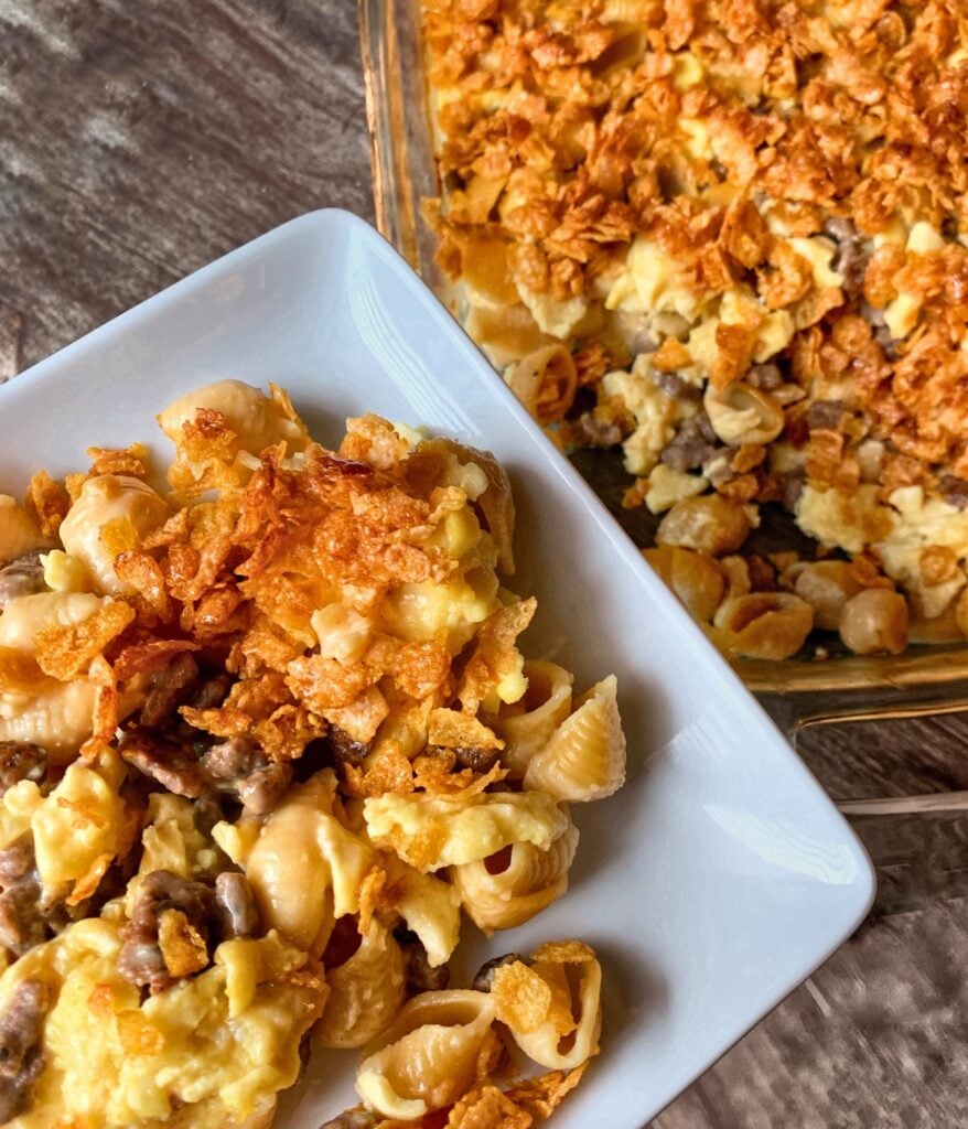 breakfast mac and cheese in a bowl