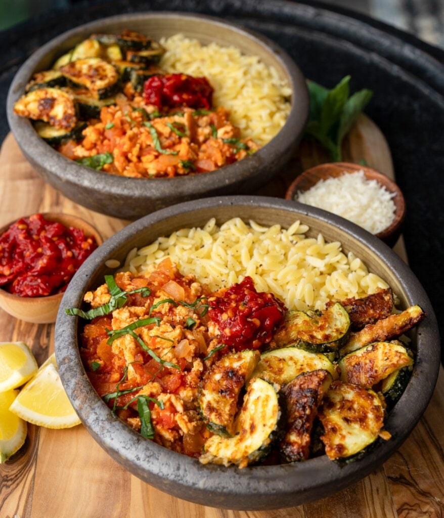orzo bowls with ground chicken and roasted zucchini