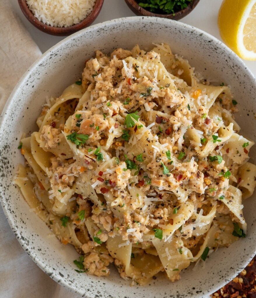 white bolognese with pappardelle pasta