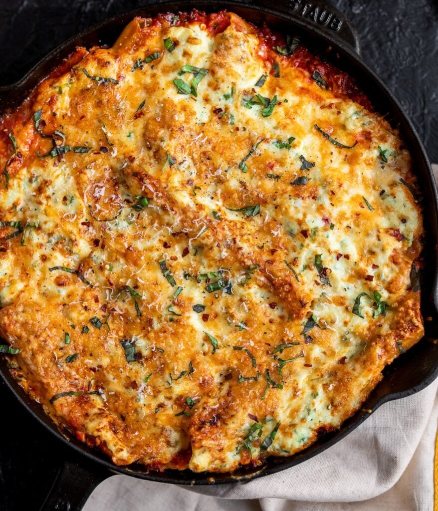 turkey lasagna casserole in a cast iron pan