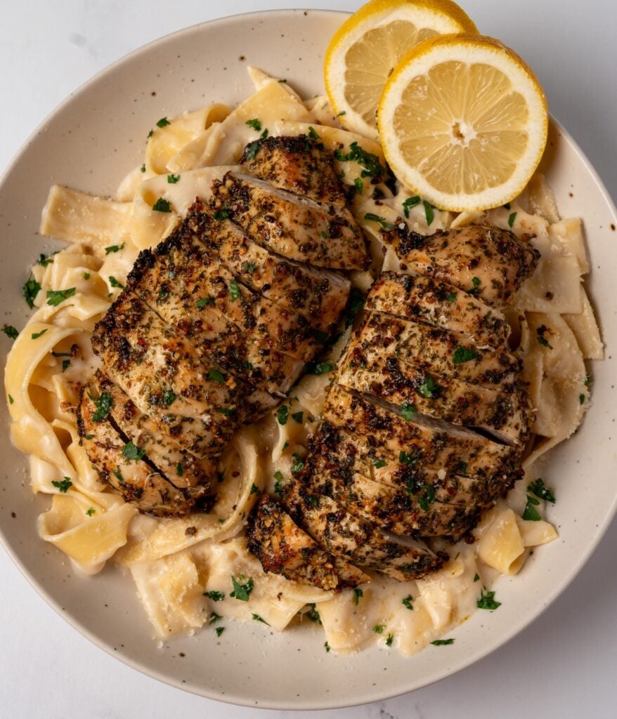 pappardelle and alfredo with aglio olio air fried chicken breast
