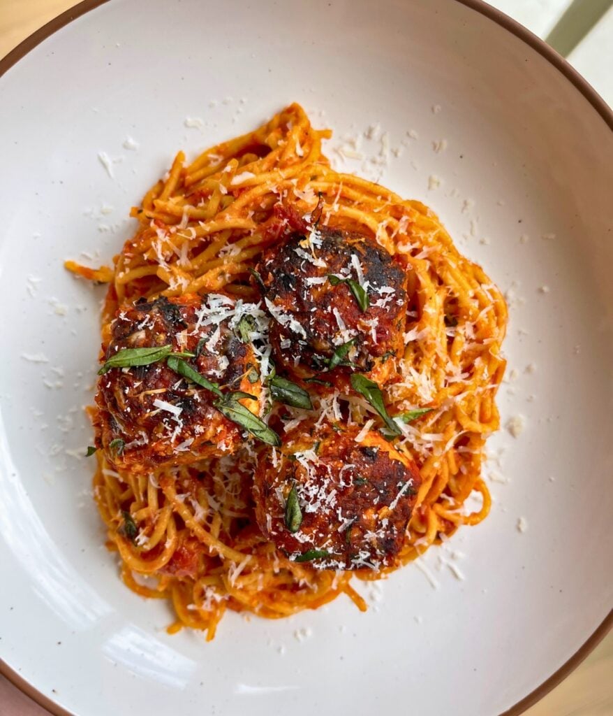 three chicken meatballs on protein spaghetti marinara