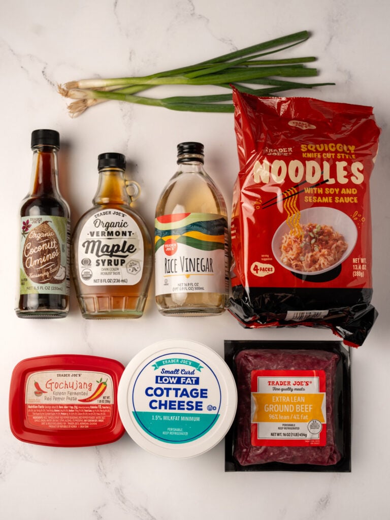 Trader Joe's knife cut noodles, ground beef, low fat cottage cheese, gochujang, rice vinegar, coconut aminos, maple syrup, and green onions