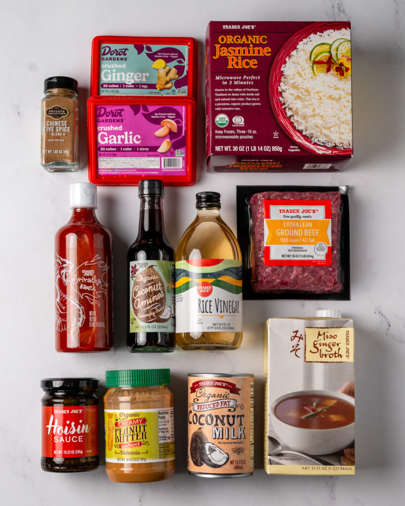 an assortment of Trader Joe's ingredients needed to make hoisin beef and rice broth bowls
