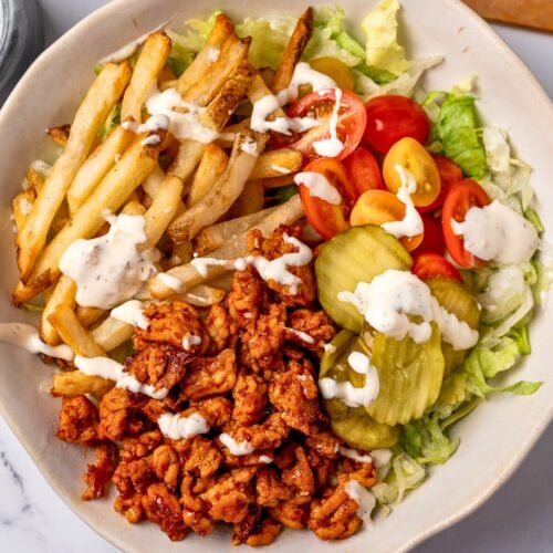honey chipotle ground turkey burger bowl with yogurt ranch drizzle