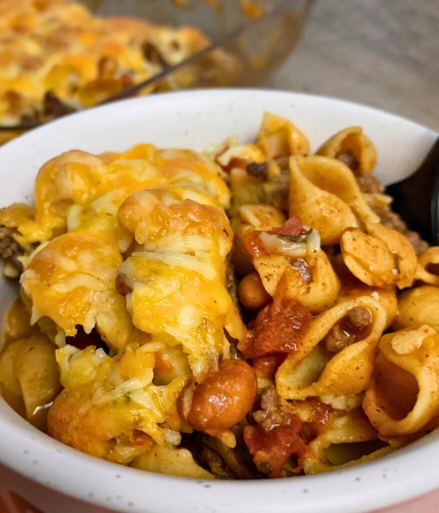 chickpea pasta with pinto beans, taco beef, cheese, and diced tomatoes with green chiles